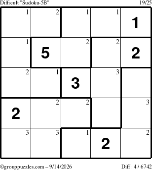The grouppuzzles.com Difficult Sudoku-5B puzzle for Monday September 14, 2026 with the first 3 steps marked
