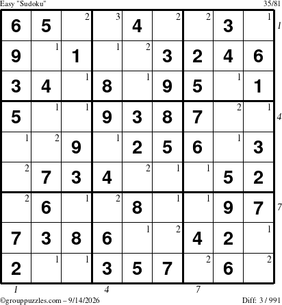 The grouppuzzles.com Easy Sudoku puzzle for Monday September 14, 2026 with all 3 steps marked