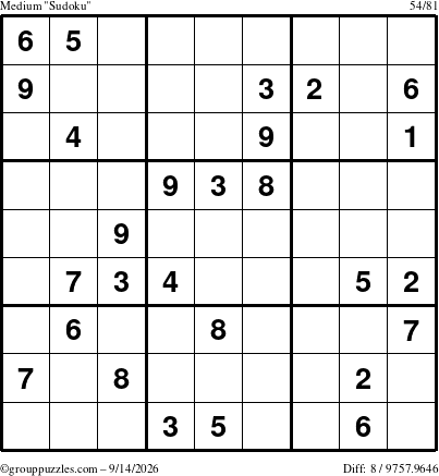 The grouppuzzles.com Medium Sudoku puzzle for Monday September 14, 2026