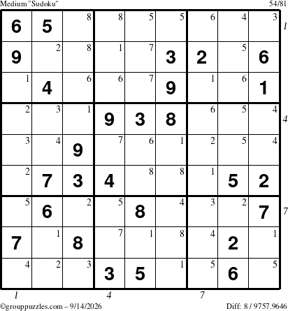 The grouppuzzles.com Medium Sudoku puzzle for Monday September 14, 2026, suitable for printing, with all 8 steps marked