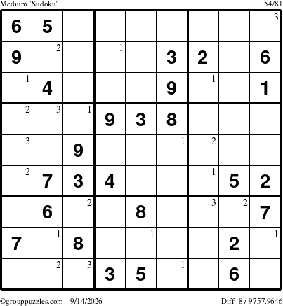 The grouppuzzles.com Medium Sudoku puzzle for Monday September 14, 2026 with the first 3 steps marked