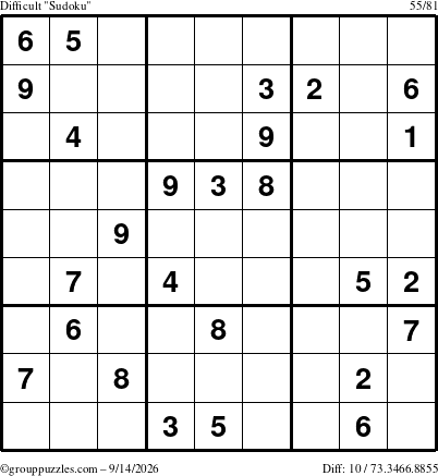 The grouppuzzles.com Difficult Sudoku puzzle for Monday September 14, 2026