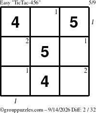 The grouppuzzles.com Easy TicTac-456 puzzle for Monday September 14, 2026 with all 2 steps marked