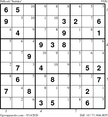 The grouppuzzles.com Difficult Sudoku puzzle for Monday September 14, 2026, suitable for printing, with all 10 steps marked