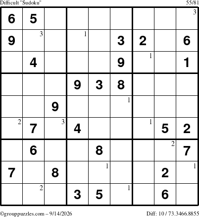 The grouppuzzles.com Difficult Sudoku puzzle for Monday September 14, 2026 with the first 3 steps marked