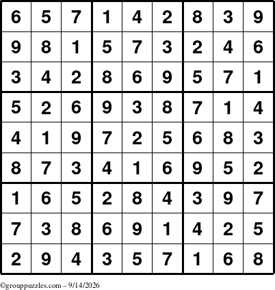 The grouppuzzles.com Answer grid for the Sudoku puzzle for Monday September 14, 2026