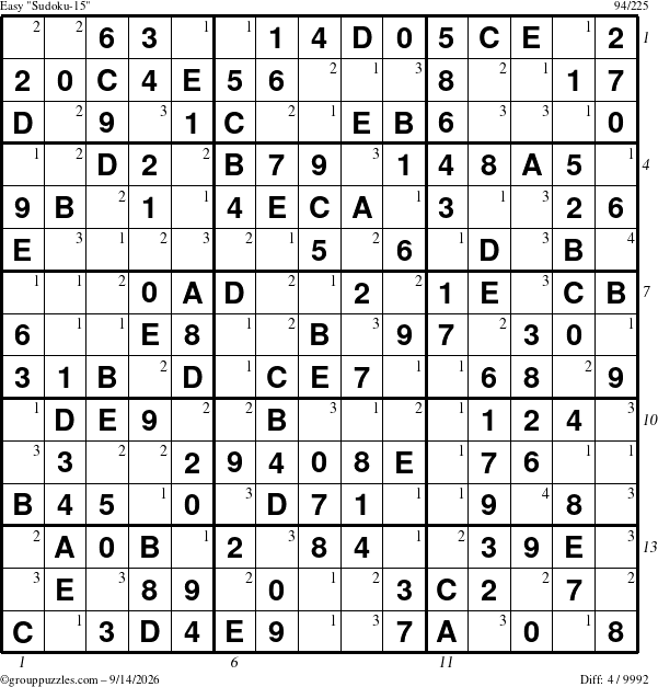 The grouppuzzles.com Easy Sudoku-15 puzzle for Monday September 14, 2026 with all 4 steps marked