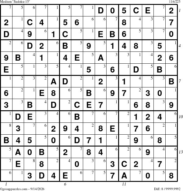 The grouppuzzles.com Medium Sudoku-15 puzzle for Monday September 14, 2026 with all 8 steps marked