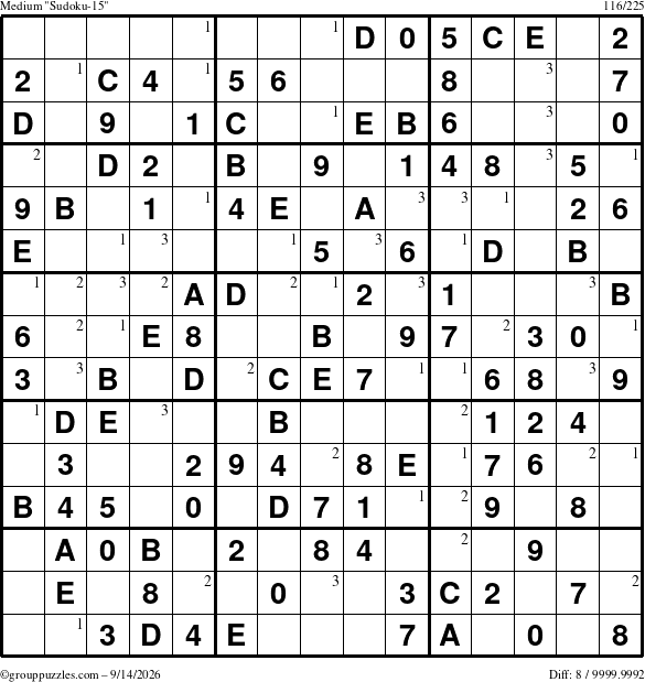 The grouppuzzles.com Medium Sudoku-15 puzzle for Monday September 14, 2026 with the first 3 steps marked