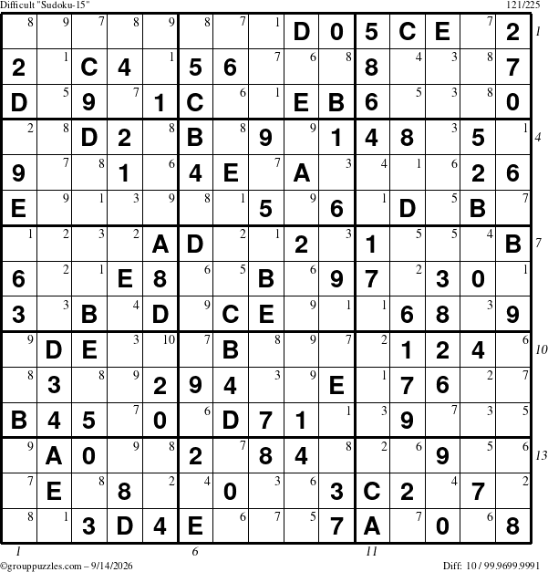 The grouppuzzles.com Difficult Sudoku-15 puzzle for Monday September 14, 2026 with all 10 steps marked