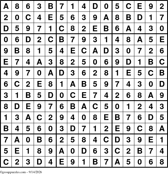 The grouppuzzles.com Answer grid for the Sudoku-15 puzzle for Monday September 14, 2026
