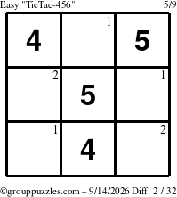The grouppuzzles.com Easy TicTac-456 puzzle for Monday September 14, 2026 with the first 2 steps marked