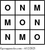 The grouppuzzles.com Answer grid for the TicTac-MNO puzzle for Saturday April 12, 2025