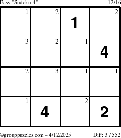 The grouppuzzles.com Easy Sudoku-4 puzzle for Saturday April 12, 2025 with the first 3 steps marked