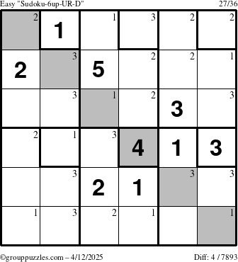 The grouppuzzles.com Easy Sudoku-6up-UR-D puzzle for Saturday April 12, 2025 with the first 3 steps marked