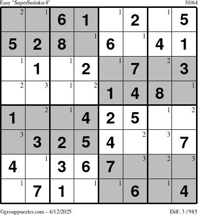 The grouppuzzles.com Easy SuperSudoku-8 puzzle for Saturday April 12, 2025 with the first 3 steps marked