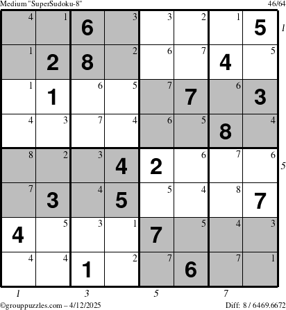 The grouppuzzles.com Medium SuperSudoku-8 puzzle for Saturday April 12, 2025 with all 8 steps marked