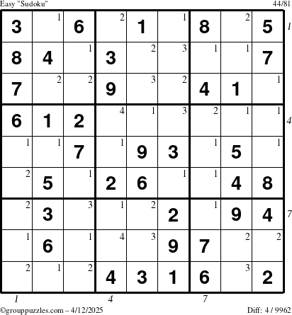 The grouppuzzles.com Easy Sudoku puzzle for Saturday April 12, 2025, suitable for printing, with all 4 steps marked