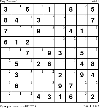 The grouppuzzles.com Easy Sudoku puzzle for Saturday April 12, 2025 with the first 3 steps marked