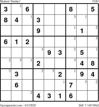The grouppuzzles.com Medium Sudoku puzzle for Saturday April 12, 2025 with the first 3 steps marked