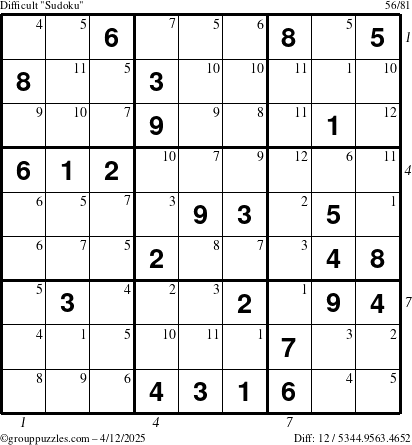 The grouppuzzles.com Difficult Sudoku puzzle for Saturday April 12, 2025, suitable for printing, with all 12 steps marked