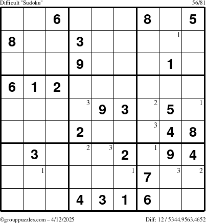The grouppuzzles.com Difficult Sudoku puzzle for Saturday April 12, 2025 with the first 3 steps marked