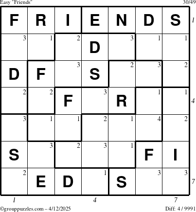 The grouppuzzles.com Easy Friends puzzle for Saturday April 12, 2025, suitable for printing, with all 4 steps marked