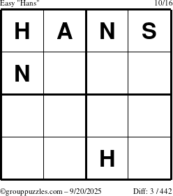 The grouppuzzles.com Easy Hans puzzle for Saturday September 20, 2025