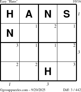 The grouppuzzles.com Easy Hans puzzle for Saturday September 20, 2025 with all 3 steps marked