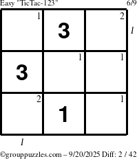 The grouppuzzles.com Easy TicTac-123 puzzle for Saturday September 20, 2025 with all 2 steps marked