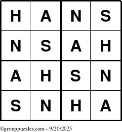 The grouppuzzles.com Answer grid for the Hans puzzle for Saturday September 20, 2025
