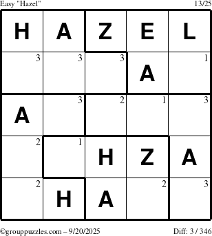 The grouppuzzles.com Easy Hazel puzzle for Saturday September 20, 2025 with the first 3 steps marked
