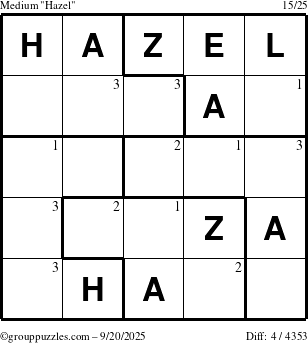 The grouppuzzles.com Medium Hazel puzzle for Saturday September 20, 2025 with the first 3 steps marked