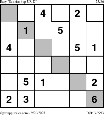 The grouppuzzles.com Easy Sudoku-6up-UR-D puzzle for Saturday September 20, 2025