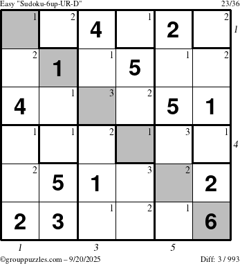 The grouppuzzles.com Easy Sudoku-6up-UR-D puzzle for Saturday September 20, 2025 with all 3 steps marked