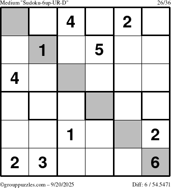 The grouppuzzles.com Medium Sudoku-6up-UR-D puzzle for Saturday September 20, 2025