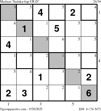 The grouppuzzles.com Medium Sudoku-6up-UR-D puzzle for Saturday September 20, 2025 with all 6 steps marked
