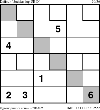 The grouppuzzles.com Difficult Sudoku-6up-UR-D puzzle for Saturday September 20, 2025