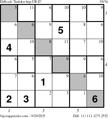 The grouppuzzles.com Difficult Sudoku-6up-UR-D puzzle for Saturday September 20, 2025 with all 11 steps marked