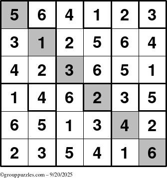 The grouppuzzles.com Answer grid for the Sudoku-6up-UR-D puzzle for Saturday September 20, 2025