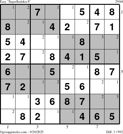 The grouppuzzles.com Easy SuperSudoku-8 puzzle for Saturday September 20, 2025 with all 3 steps marked
