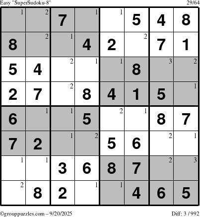 The grouppuzzles.com Easy SuperSudoku-8 puzzle for Saturday September 20, 2025 with the first 3 steps marked