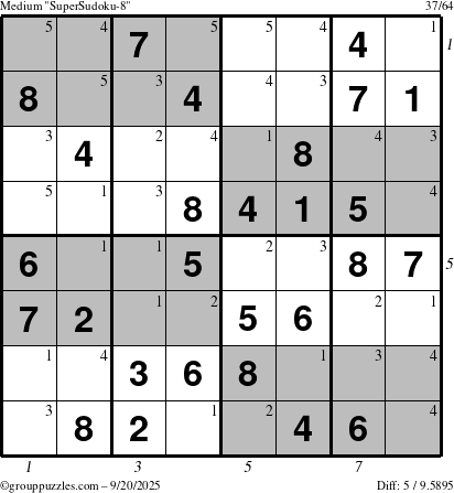 The grouppuzzles.com Medium SuperSudoku-8 puzzle for Saturday September 20, 2025 with all 5 steps marked