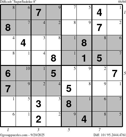 The grouppuzzles.com Difficult SuperSudoku-8 puzzle for Saturday September 20, 2025 with all 10 steps marked