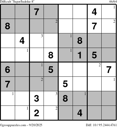 The grouppuzzles.com Difficult SuperSudoku-8 puzzle for Saturday September 20, 2025 with the first 3 steps marked