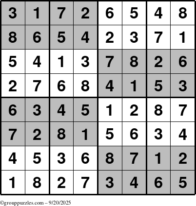 The grouppuzzles.com Answer grid for the SuperSudoku-8 puzzle for Saturday September 20, 2025