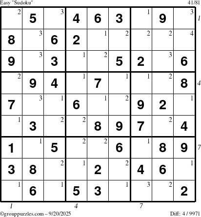 The grouppuzzles.com Easy Sudoku puzzle for Saturday September 20, 2025, suitable for printing, with all 4 steps marked