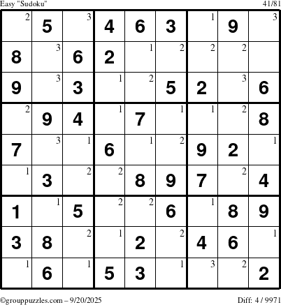 The grouppuzzles.com Easy Sudoku puzzle for Saturday September 20, 2025 with the first 3 steps marked