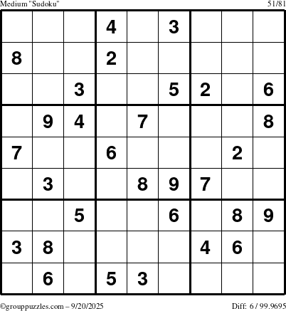 The grouppuzzles.com Medium Sudoku puzzle for Saturday September 20, 2025