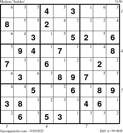 The grouppuzzles.com Medium Sudoku puzzle for Saturday September 20, 2025 with all 6 steps marked
